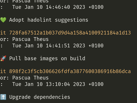 Ein Screenshot der Ausgabe von `git log`. Drei Commits mit folgenden Nachrichten sind zu sehen: '💚 Adopt hadolint suggestions', '🚀 Pull base images on build', '⬆️  Upgrade dependencies'