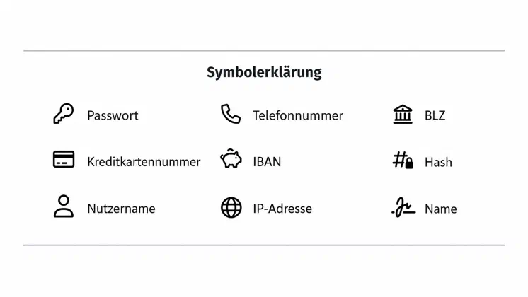 Symbollegende des Leak Inspectors: Schlüssel für Passwort, Kreditkarte für Kreditkartennummer, Person für Benutzername, Telefonhörer für Telefonnummer, Sparschwein für IBAN, Globus für IP-Adresse, Bankgebäude für BLZ, Raute mit Schloss für Hash und Unterschrift für Name.