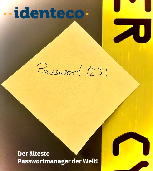 Das Bild zeigt einen Post-it, auf dem "Passwort123!" geschrieben steht.