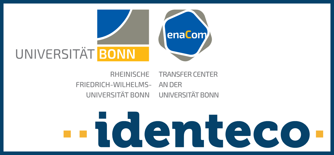 Das Bild zeigt die Logos vom enaCom und von Identeco mit einem blauen Rahmen.