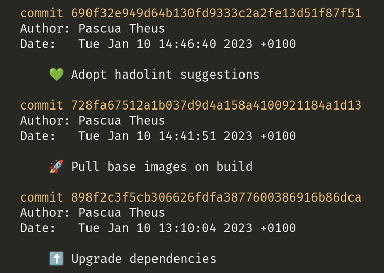 A screenshot of the command `git log`. One can see three commit messages: '💚 Adopt hadolint suggestions', '🚀 Pull base images on build', '⬆️  Upgrade dependencies'