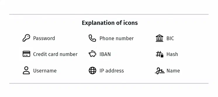 Icon legend in the Leak Inspector: key for password, credit card for credit card number, person for username, phone for phone number, piggy bank for IBAN, globe for IP address, bank building for BIC, hash symbol with a lock for hash, and signature for name.