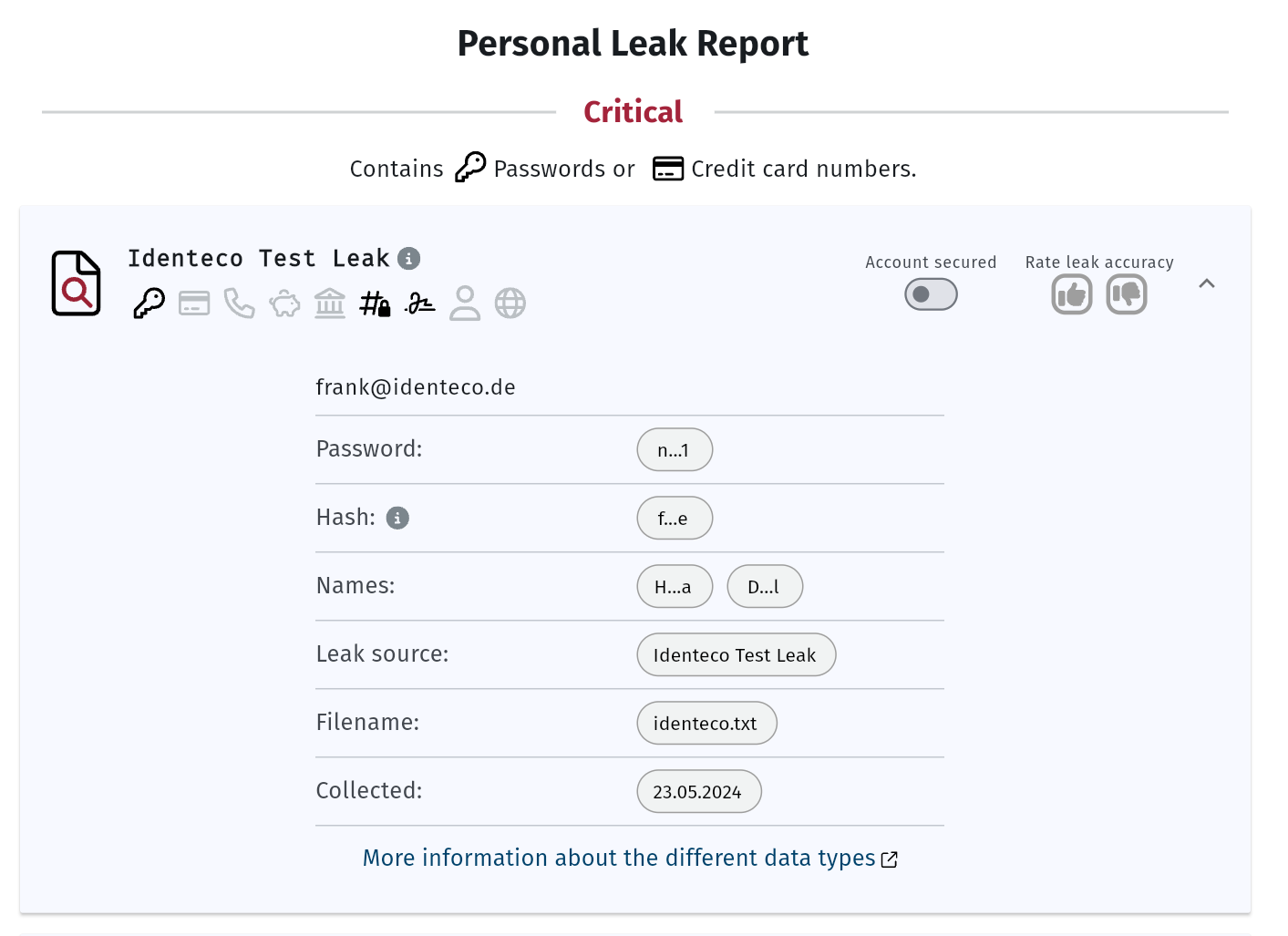 The image shows a section of the Leak Inspector’s user interface. It features a test leak marked as 'Critical' (indicating a password is involved), an 'Account secured' switch in the top right, and thumbs up and down icons for feedback.
