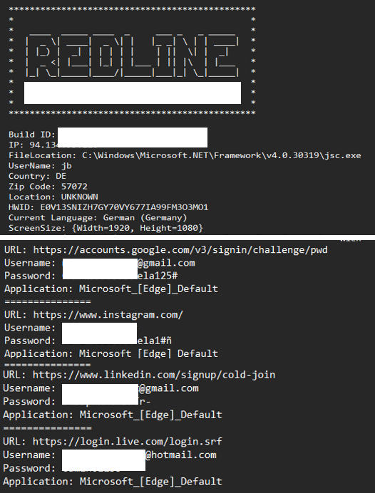 Screenshots of data stolen by the Redline Stealer, showing usernames, passwords, and URLs extracted from an infected system.