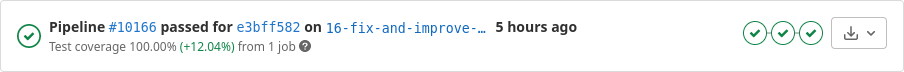 Pipeline #10166 passed for e3bff582 on 16-fix-and-improve-… – 5 hours ago – Test coverage 100.00% (+12.04%) from 1 job