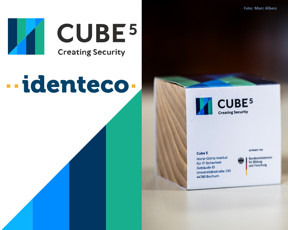 The picture shows the logos of Cube 5 and Identeco on the left side. On the right side you can see a photo of a wooden cube on which the Cube 5 logo is also depicted."  